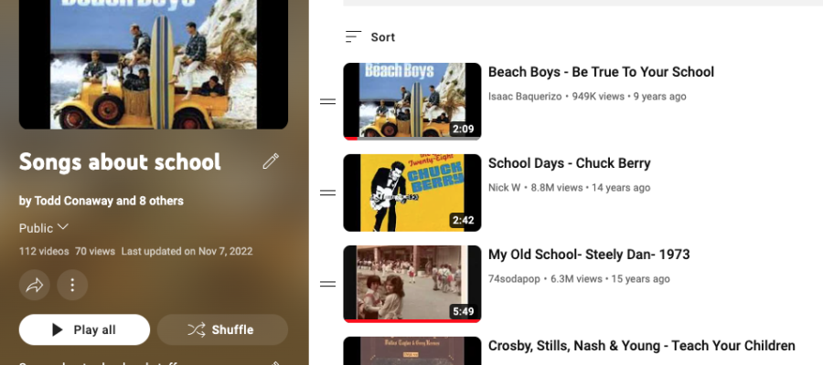 YouTube page with playlist of many songs about school.