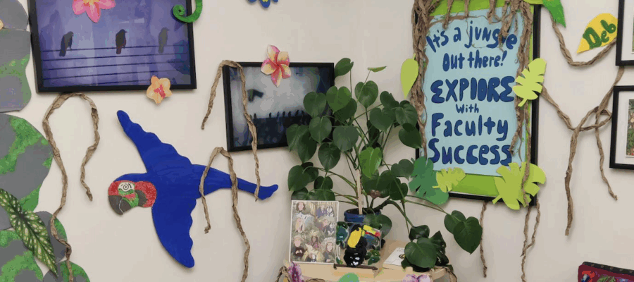 Office space decorated in a jungle theme.