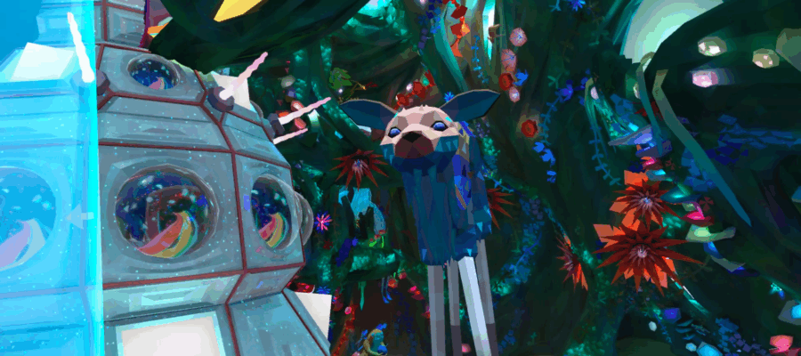 Strange deer like character in a very colorful and bizarre space like comic.