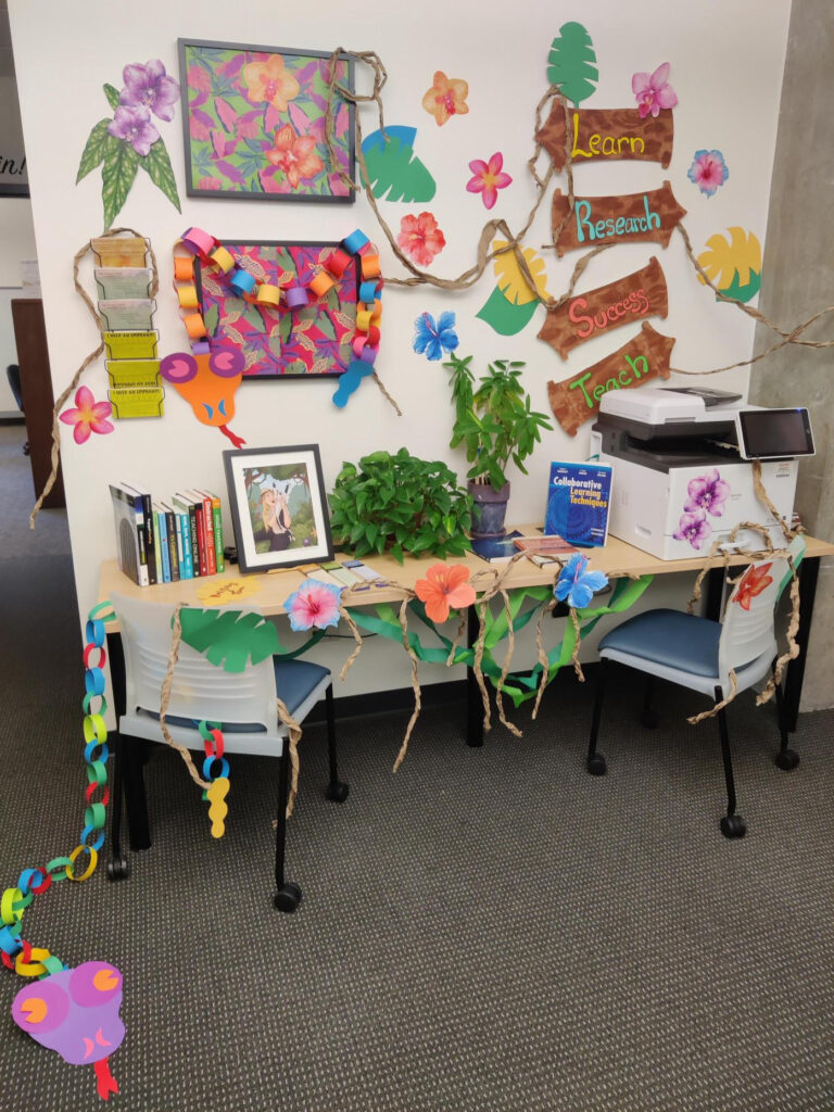 Office space decorated with many jungle themed items including signs, photos, and vines.