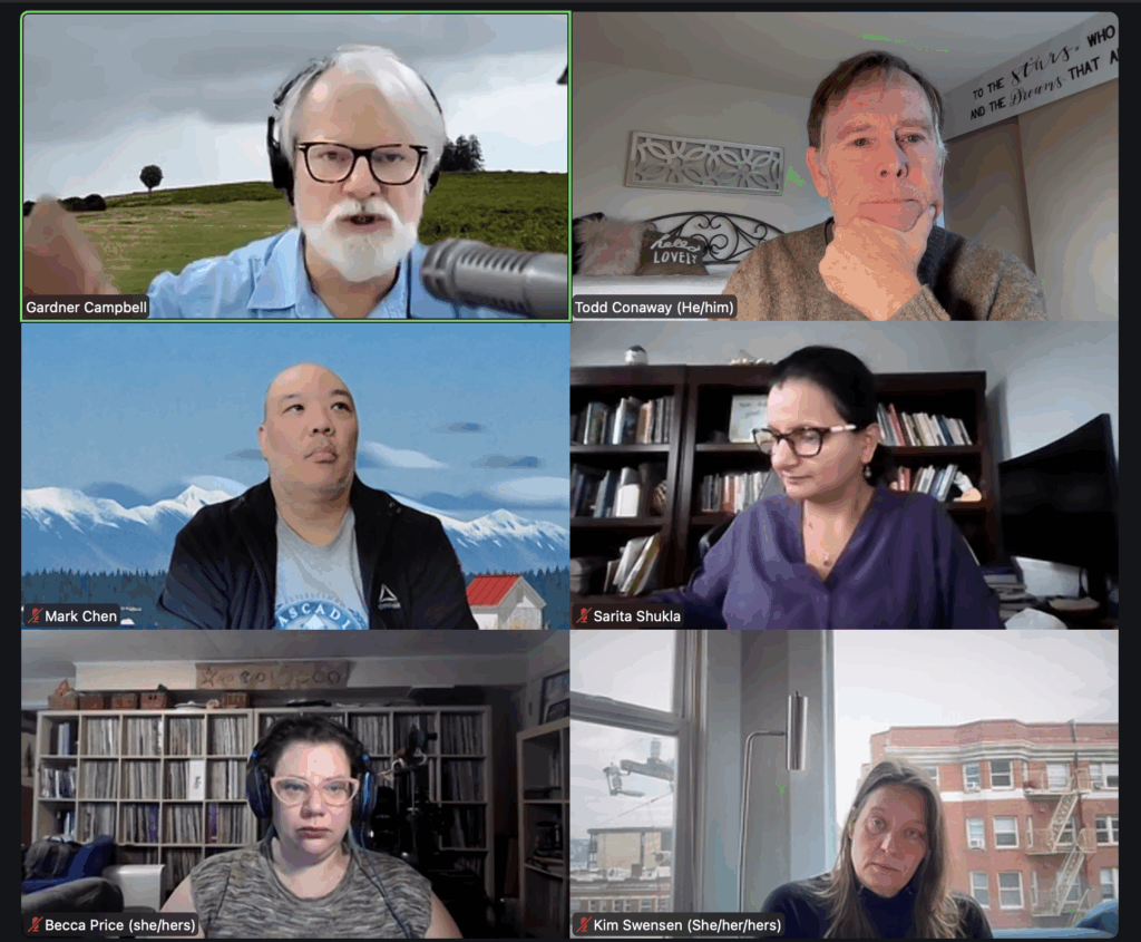 Zoom room with Gardner Campbell talking to several faculty. 