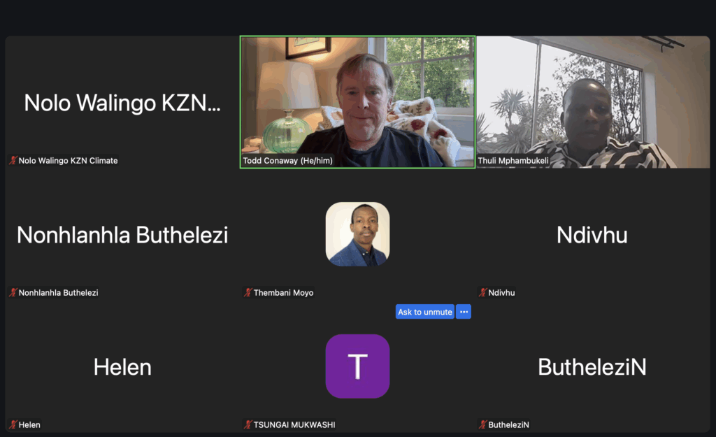 Zoom room with a number of participants from South Africa and Todd. 