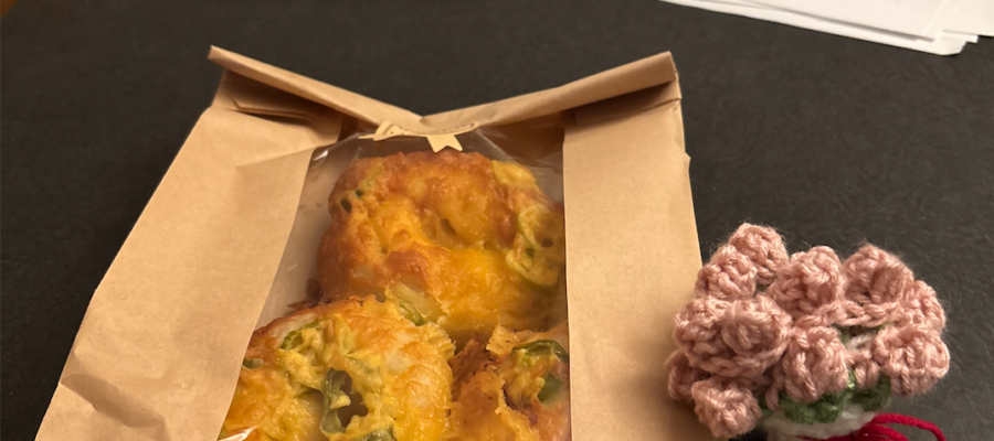 Bagels in a bag and a small kitted coaster.