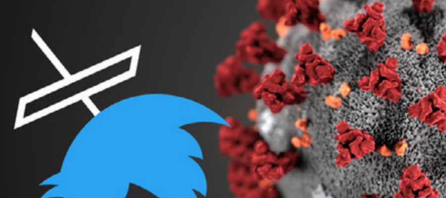 Old Twitter logo with new X logo seeming to stab the birt and COVID cell nearby.