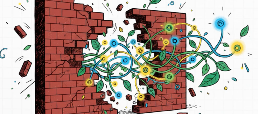 Illustration of flowery vines breaking through a block wall.